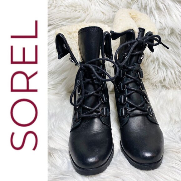 NWOT SOREL After Hours Lace-Up Shearling Waterproof Wedge Boots Black, 9.5 - Picture 4 of 14